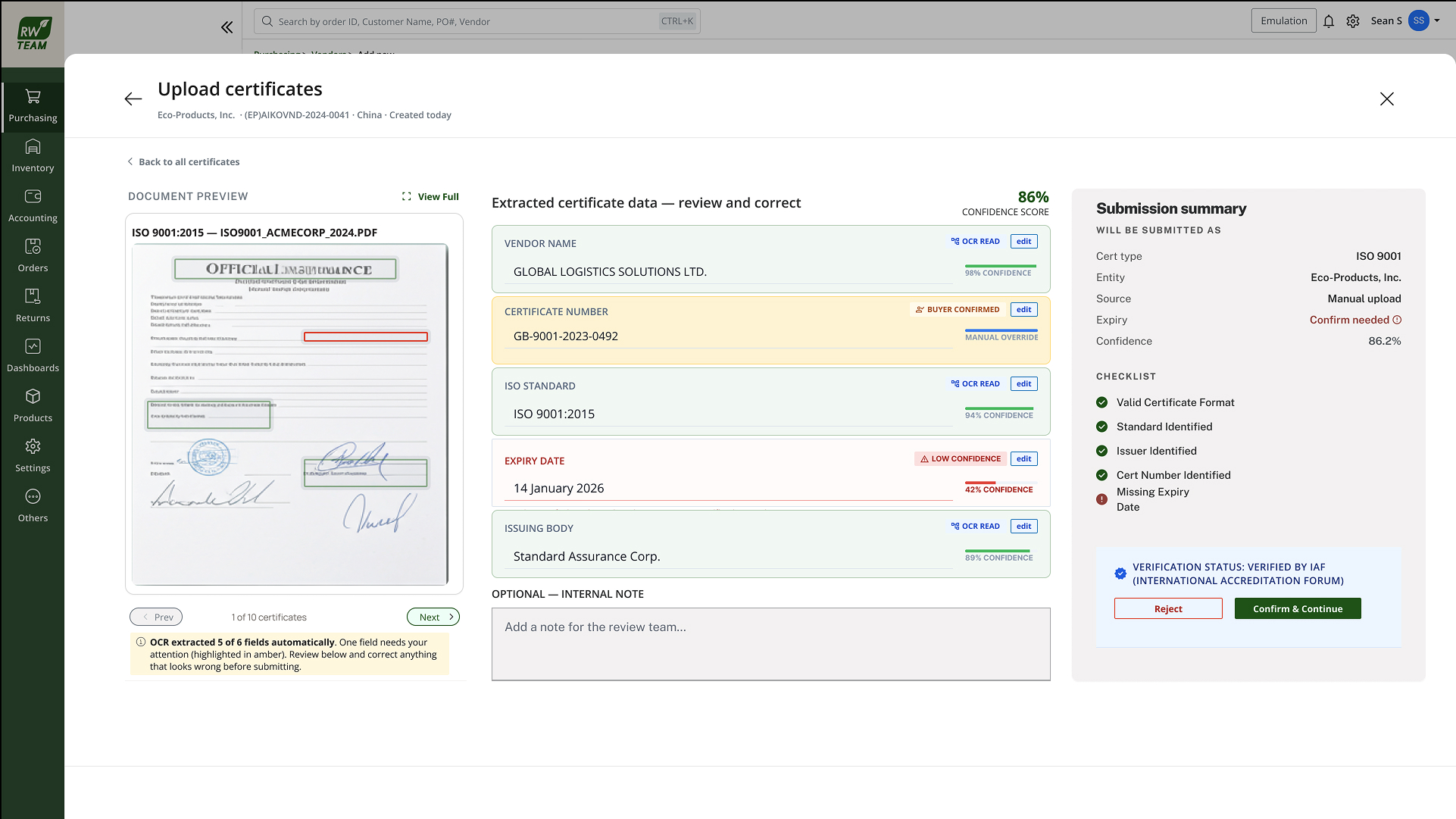 Field-level review with document preview, per-field confidence and edit controls